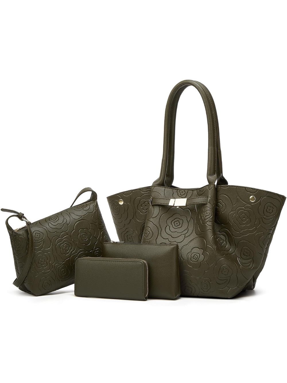 Olive Green Floral Embossed Tote Bag Set